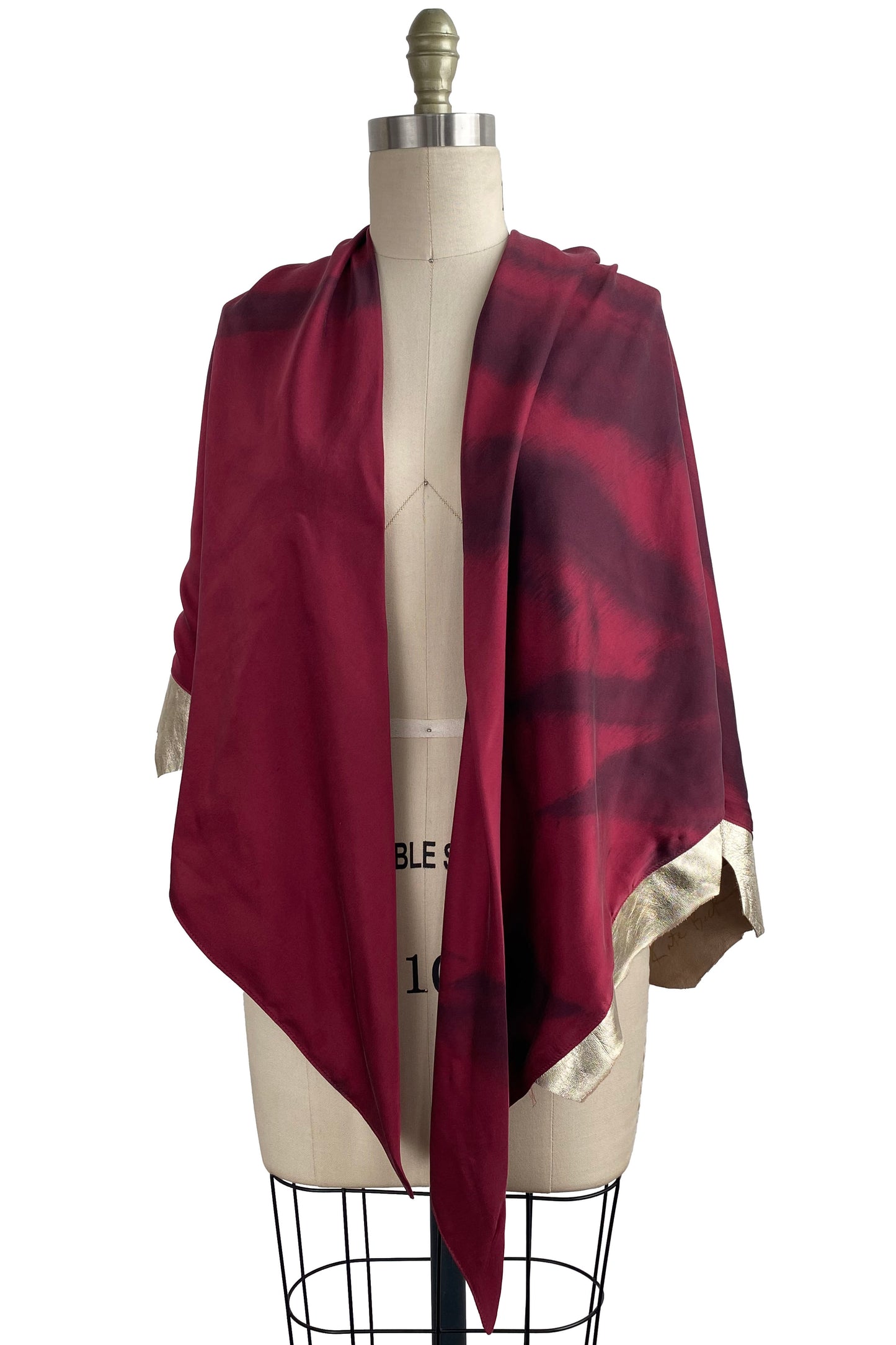 Triangle Shawl w/ Leather Trim, Spray Dye - Red & Gold