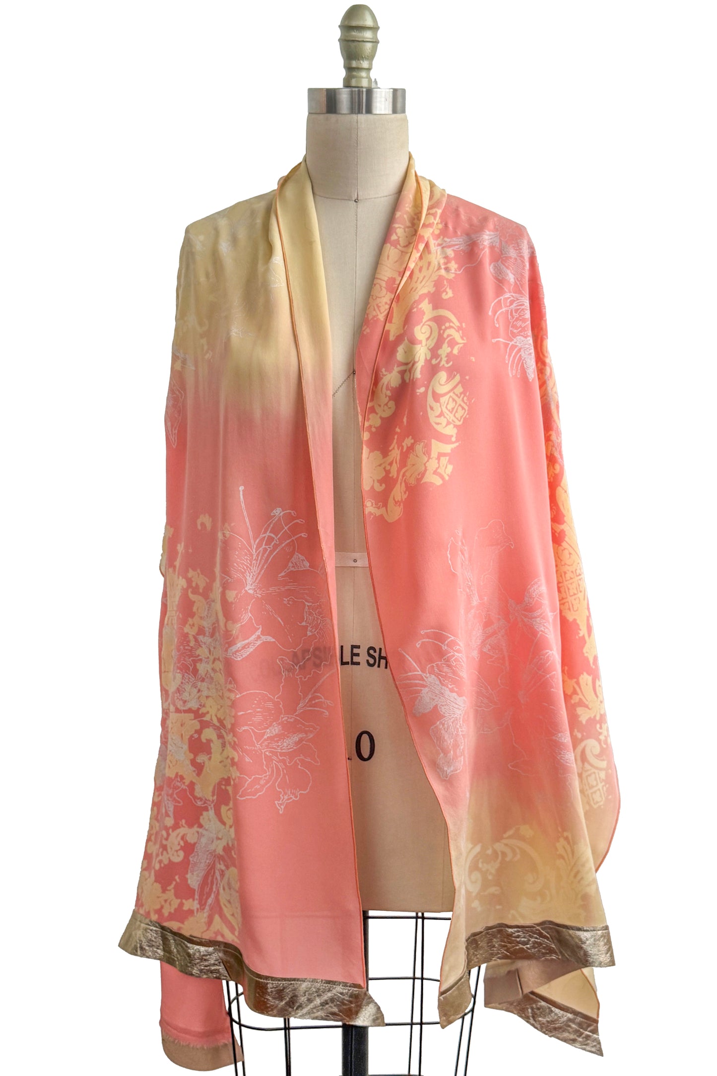 Shawl w/ Leather Trim | Silk Georgette | Wallpaper & Azalea Print | Peach & Cream