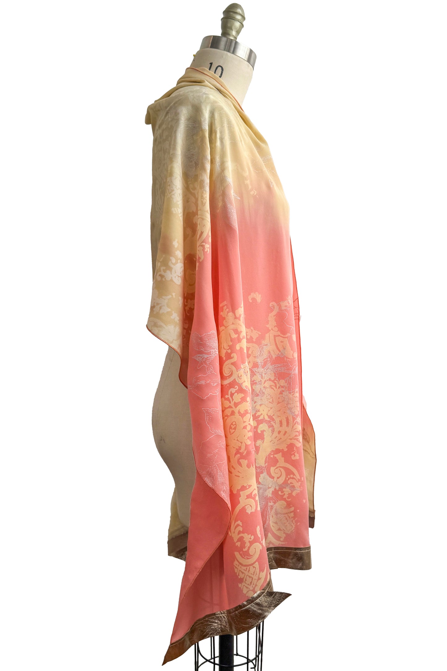 Shawl w/ Leather Trim | Silk Georgette | Wallpaper & Azalea Print | Peach & Cream