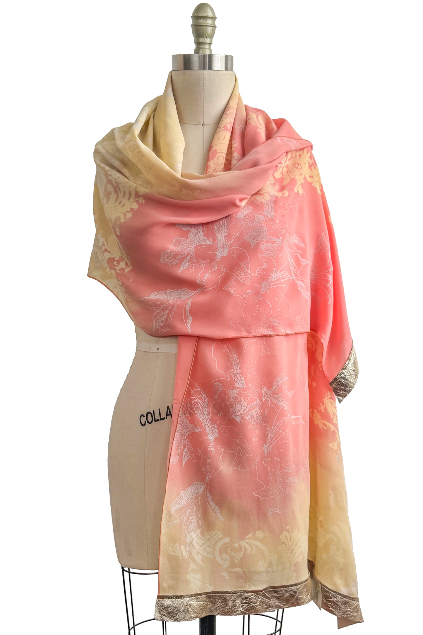 Shawl w/ Leather Trim | Silk Georgette | Wallpaper & Azalea Print | Peach & Cream