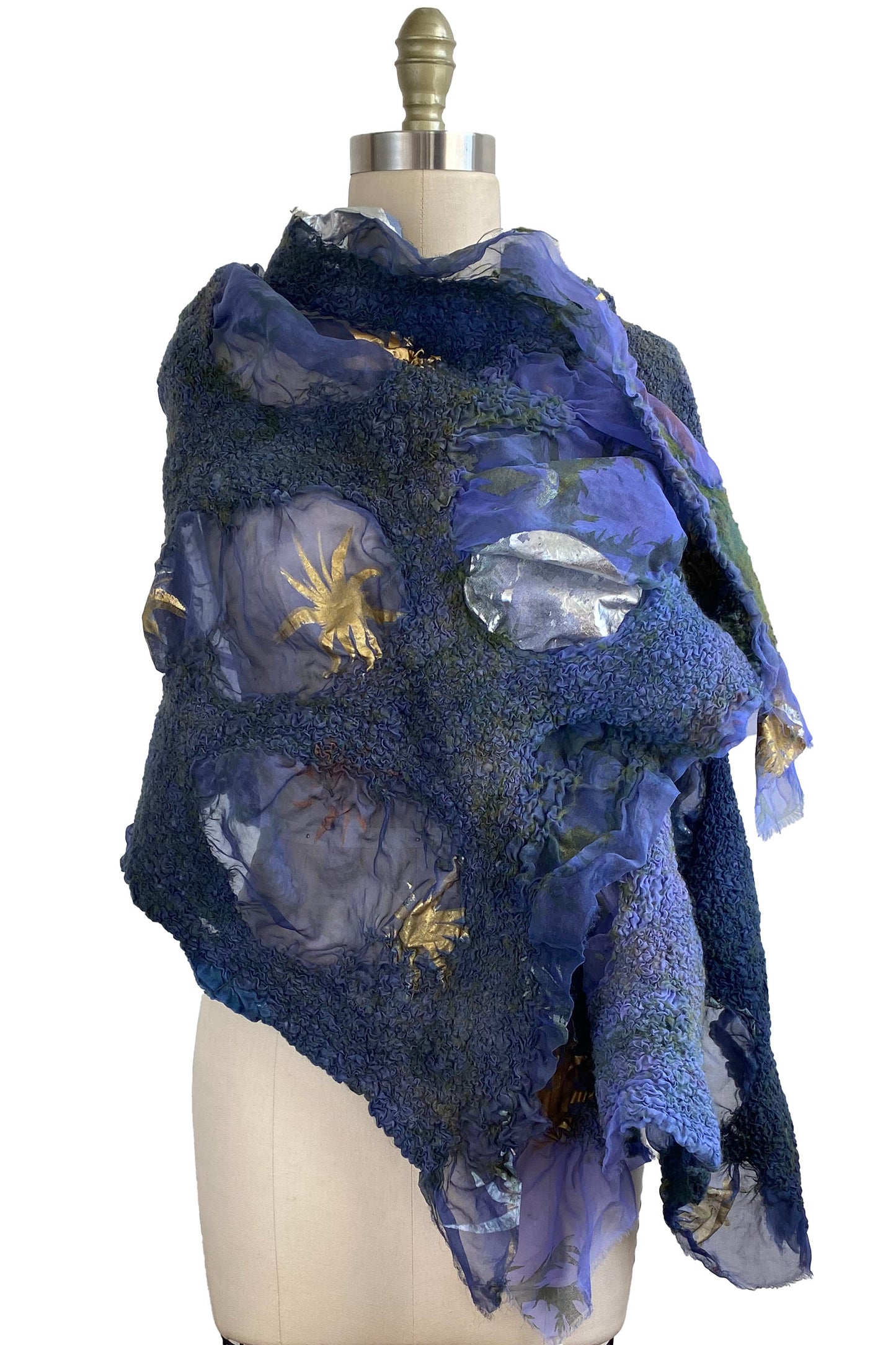 Felted  Organza Shawl w/ Dot Moon Print - Purple & Olive