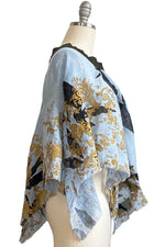 Load image into Gallery viewer, Poncho in Open Weave Linen w/ Azalea &amp; Wallpaper Print - Light Blue
