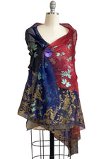 Load image into Gallery viewer, Asymmetrical Wrap Vest - Silk Organza w/ Wallpaper &amp; Hops Vine - Blue &amp; Red Ombre
