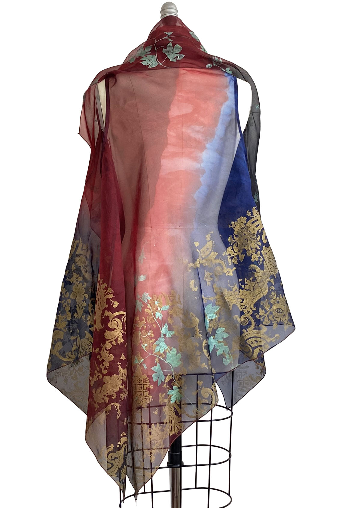 Asymmetrical Wrap Vest - Silk Organza w/ Wallpaper & Hops Vine - Blue & Red Ombre