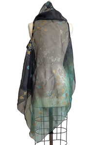 Asymmetrical Wrap Vest - Silk Organza w/ Branch & Vine - Black & Green Ombre