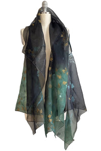 Asymmetrical Wrap Vest - Silk Organza w/ Branch & Vine - Black & Green Ombre