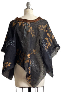 Poncho in Open Weave Linen w/ Branch & Vine Print - Black