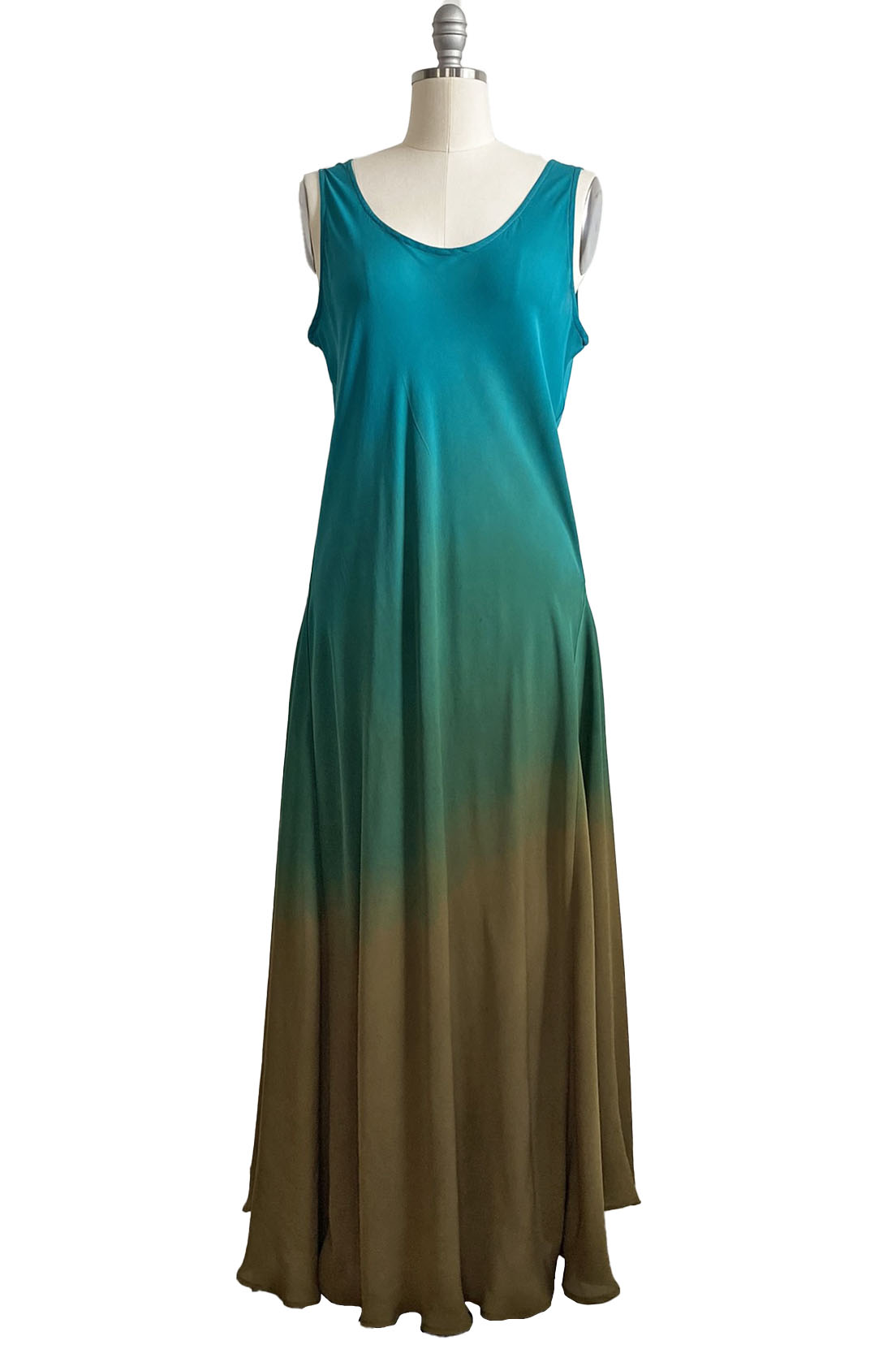 Fan Dress in Silk Georgette - Turquoise & Olive Ombre - L