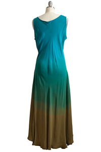 Fan Dress in Silk Georgette - Turquoise & Olive Ombre - L