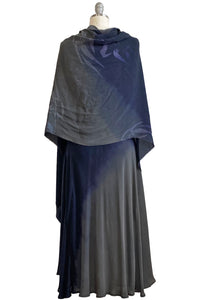Fan Shawl in Silk Georgette w/ Leather Trim - Navy & Grey Ombre