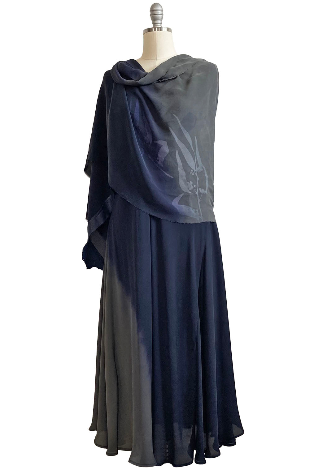 Fan Shawl in Silk Georgette w/ Leather Trim - Navy & Grey Ombre