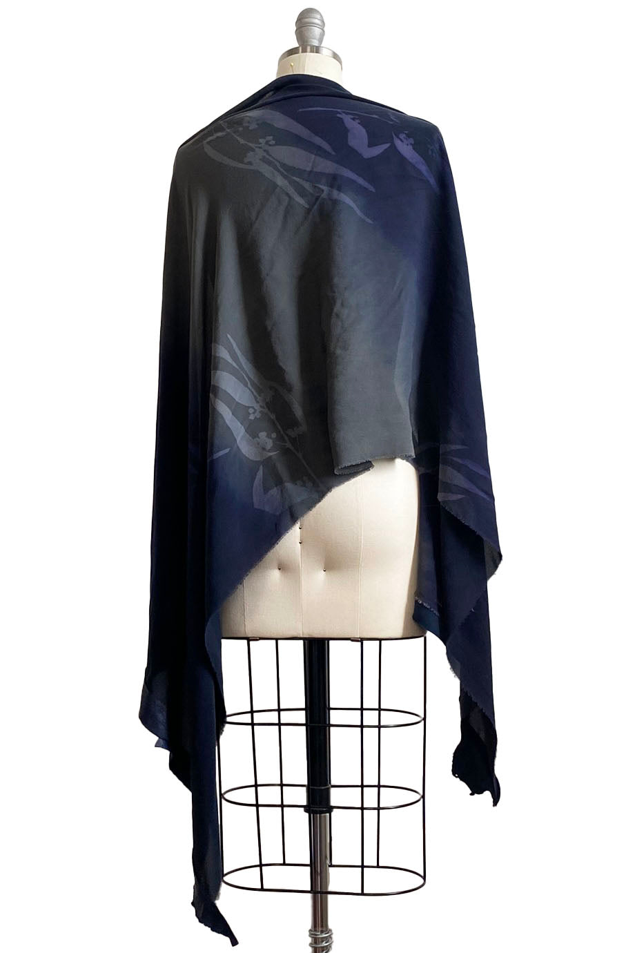 Fan Shawl in Silk Georgette w/ Leather Trim - Navy & Grey Ombre