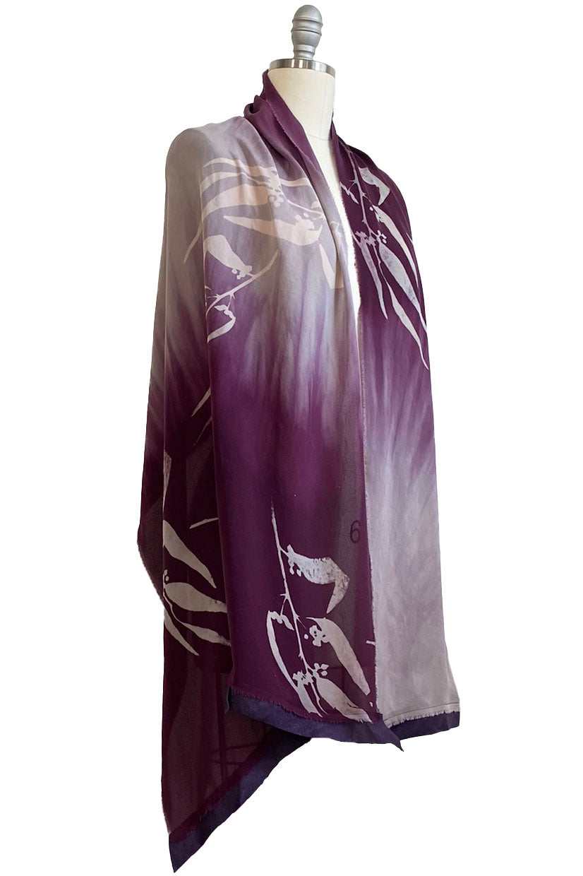 Fan Shawl in Silk Georgette w/ Leather Trim - Purple & Grey Ombre