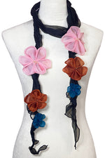 Load image into Gallery viewer, Tsumami Flower Scarf - Black &amp; Pink, Rust, Teal
