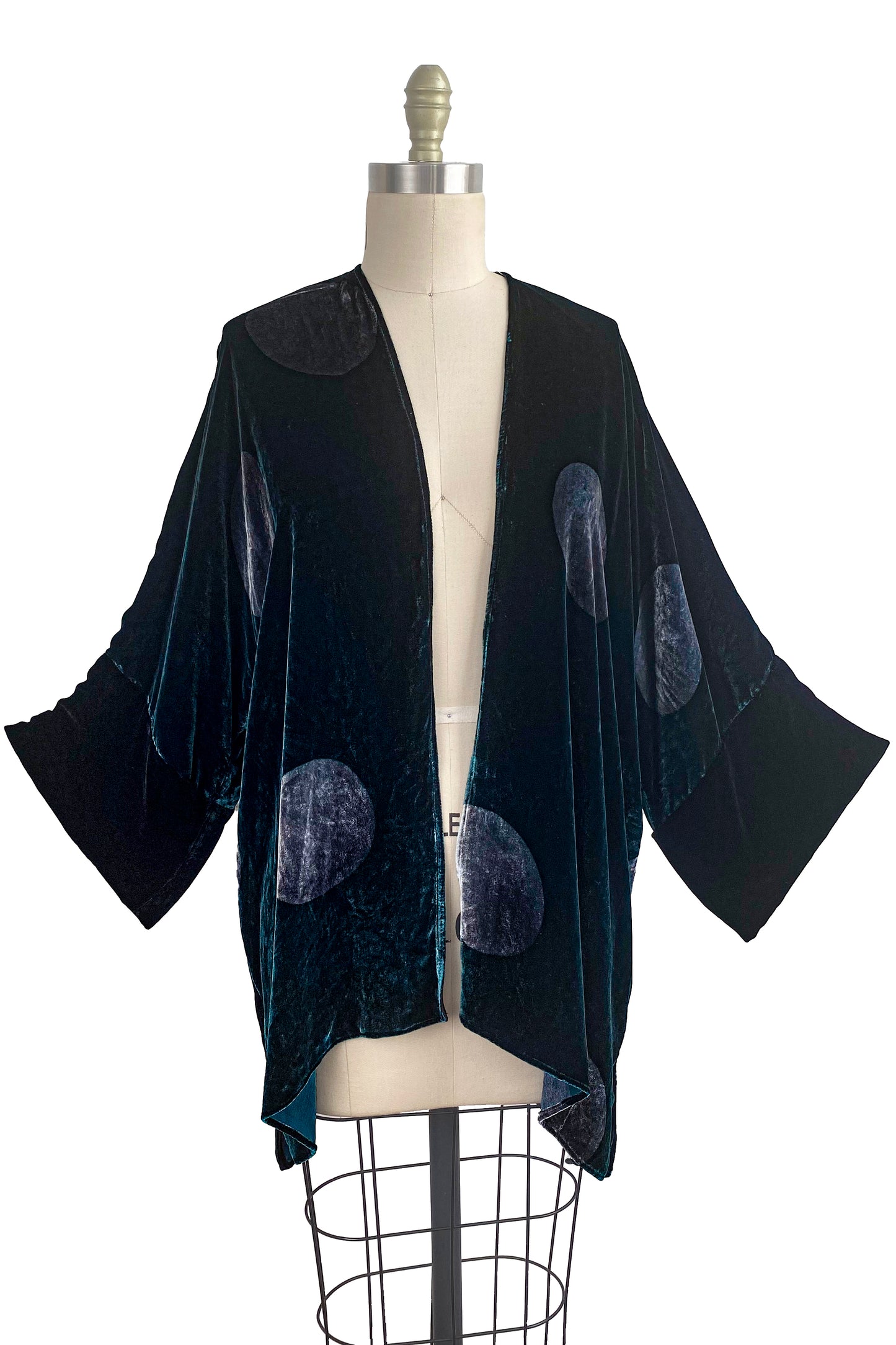 Lucianne Velvet Kimono w/ Dot Print - Teal & Black