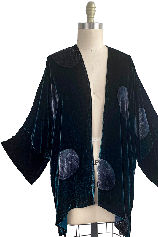 Lucianne Velvet Kimono w/ Dot Print - Teal & Black