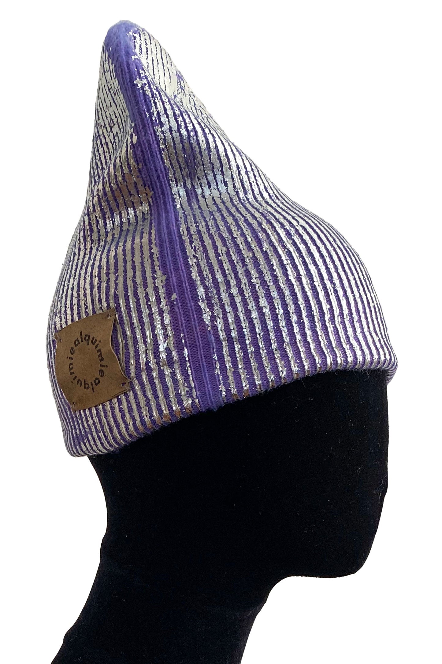 Foil Print Cashmere Beanie - Purple & Silver