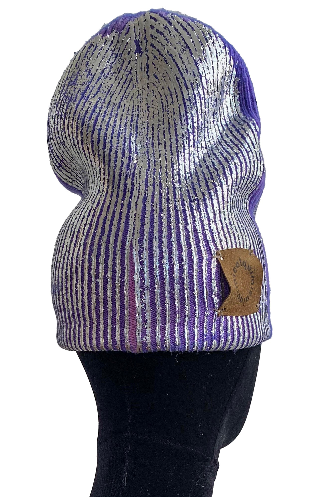 Foil Print Cashmere Beanie - Purple & Silver