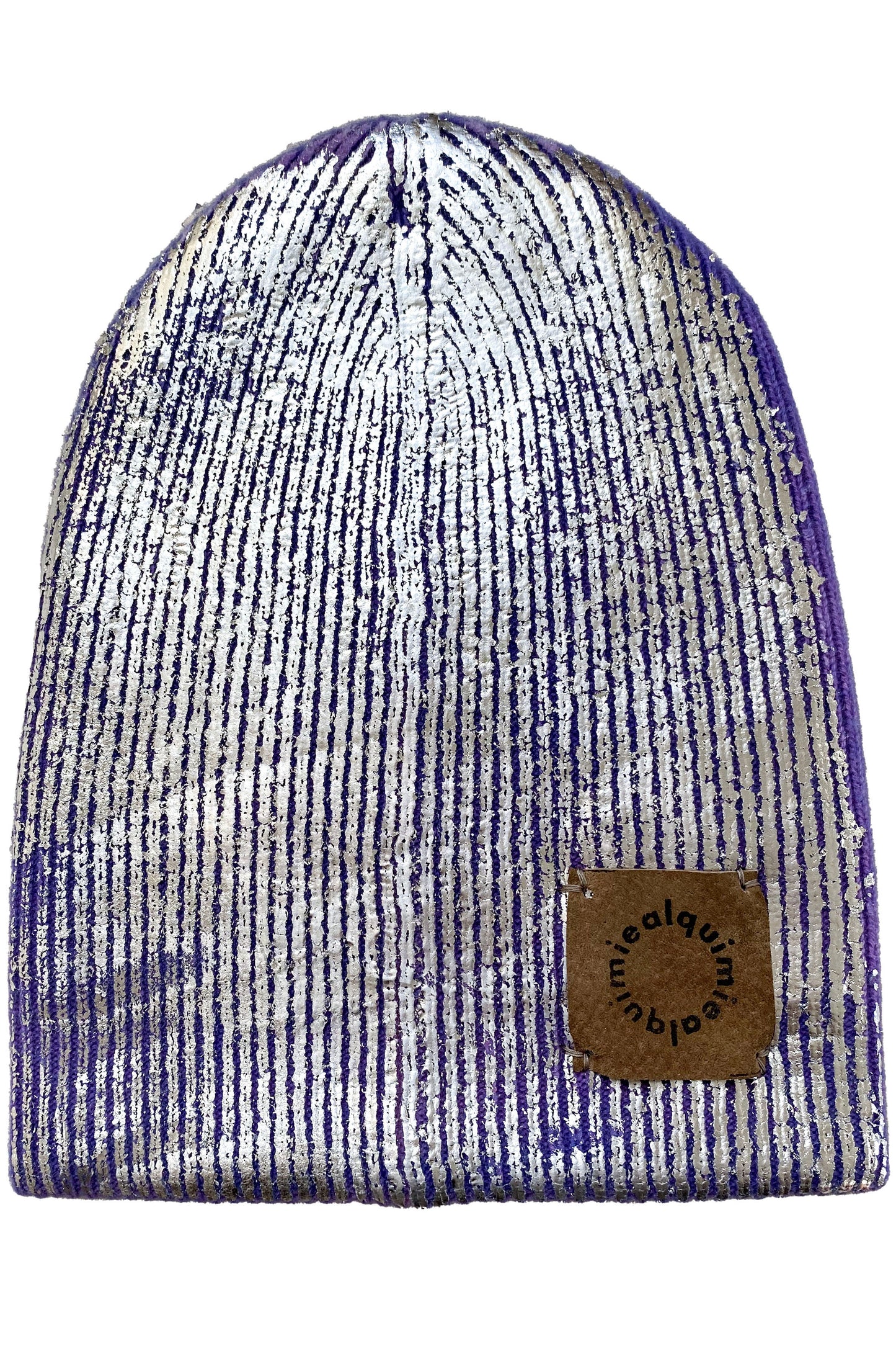 Foil Print Cashmere Beanie - Purple & Silver