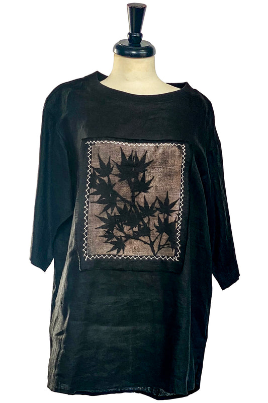 Pompier Top | Linen | Cyanotype Leaf Patch & Embroidery | Black & Natural | Medium