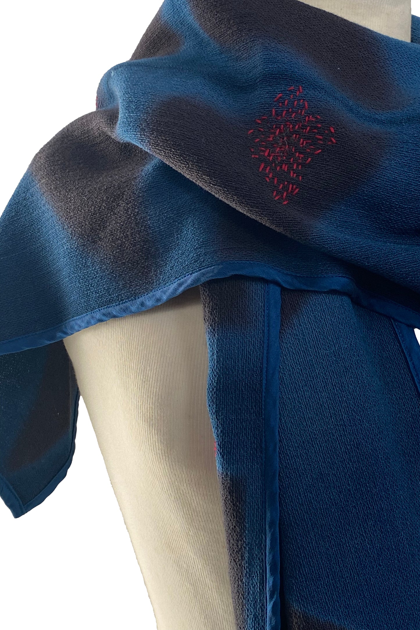 Shawl w/ Bias Trim | Italian Wool | Itajime Dyed & Sachiko Stitching | Teal, Black & Red