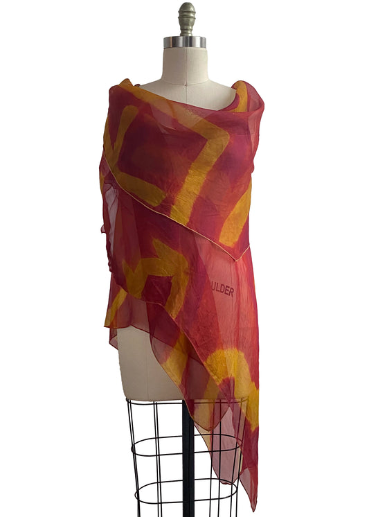 Asymmetrical Wrap Vest - Silk Organza w/ Shibori Dye - Burgundy & Gold