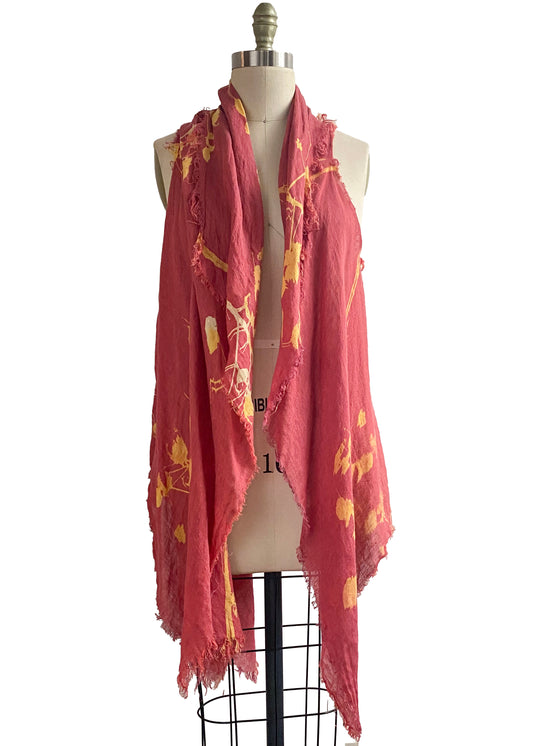 Asymmetrical Wrap Vest in Linen - Cotton Print - Red & Natural