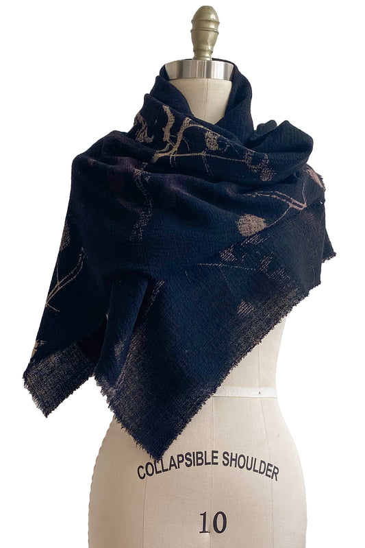 Square Scarf | Textured Wool | Cotton Print | Black & Natural