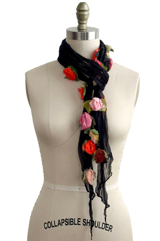 Organza Flower Scarf - Black w/ Orange, Yellow, Peach, Pink
