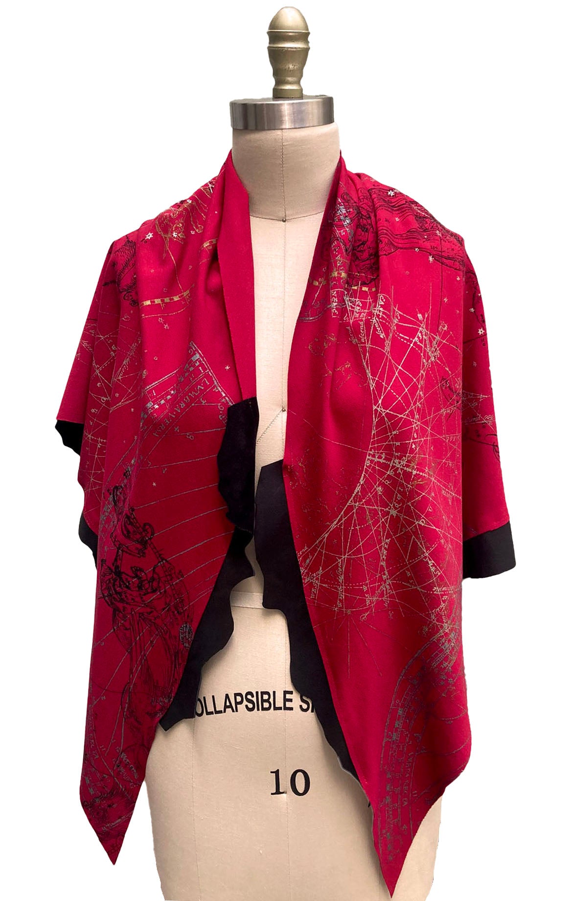 Triangle Shawl w/ Leather Trim | Cotton Ponte Knit | Celestial Print | Red & Black