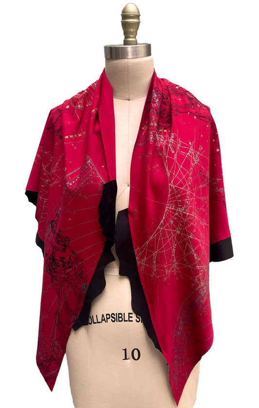 Triangle Shawl w/ Leather Trim | Cotton Ponte Knit | Celestial Print | Red & Black