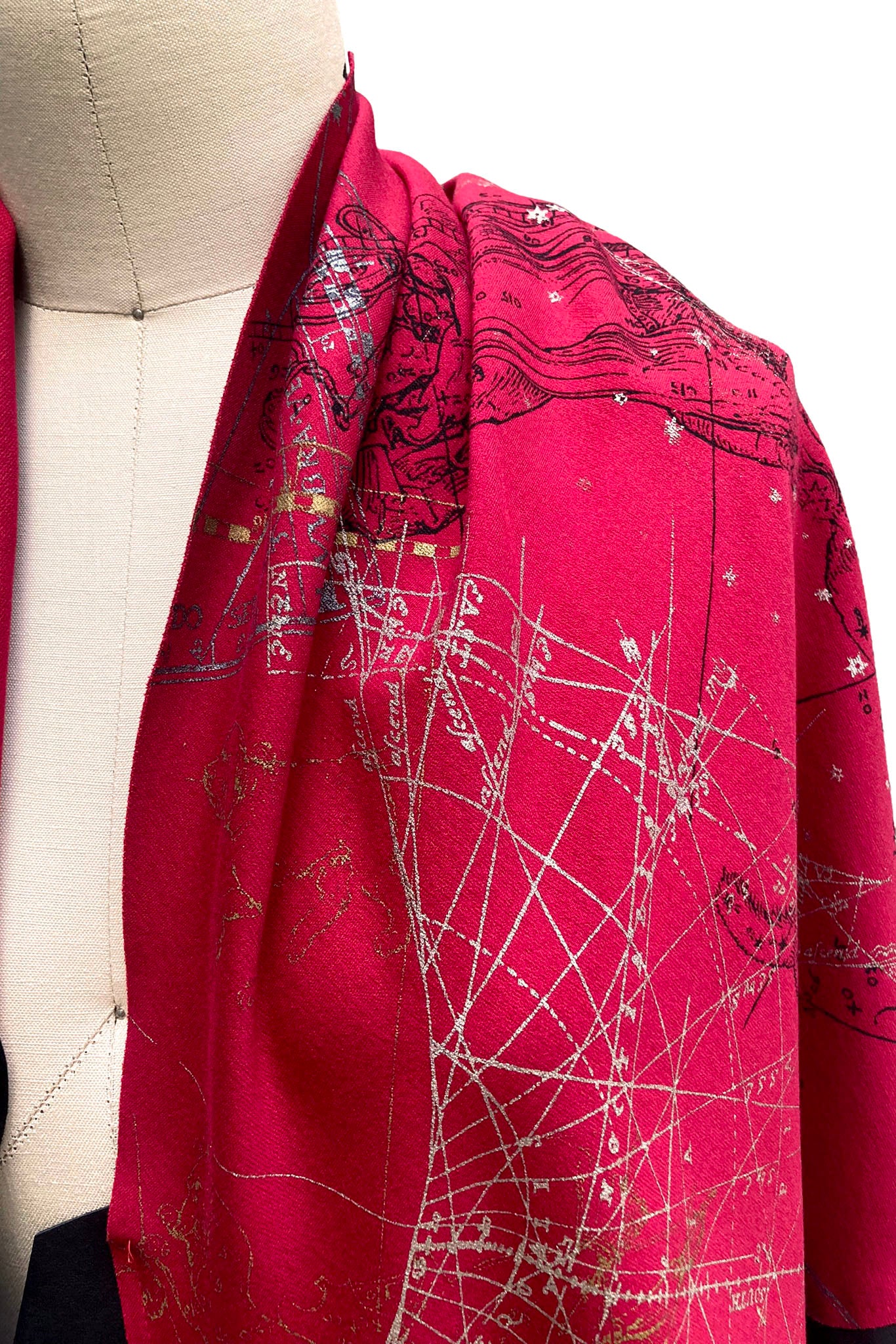 Triangle Shawl w/ Leather Trim | Cotton Ponte Knit | Celestial Print | Red & Black