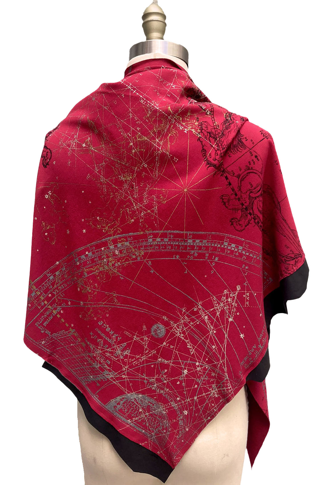 Triangle Shawl w/ Leather Trim | Cotton Ponte Knit | Celestial Print | Red & Black