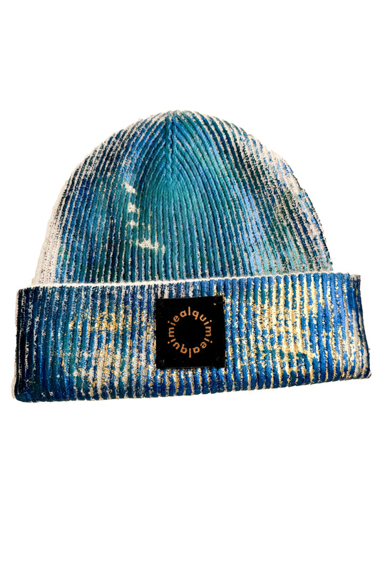 KB x Alquimie Studio Cashmere Beanie w/ Foil Print - Cream, Blue & Gold