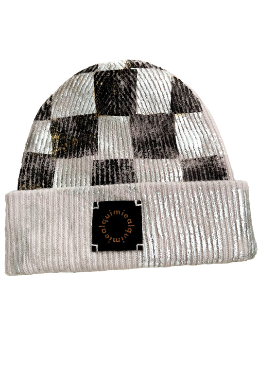 KB x Alquimie Studio Cashmere Beanie w/ Foil Print - Cream & Checker