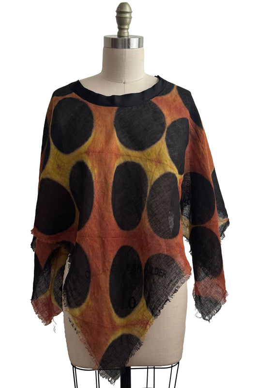 Open Weave Poncho w/ Silk Trim | Open Weave Linen | Itajime Dye | Black , Orange & Yellow