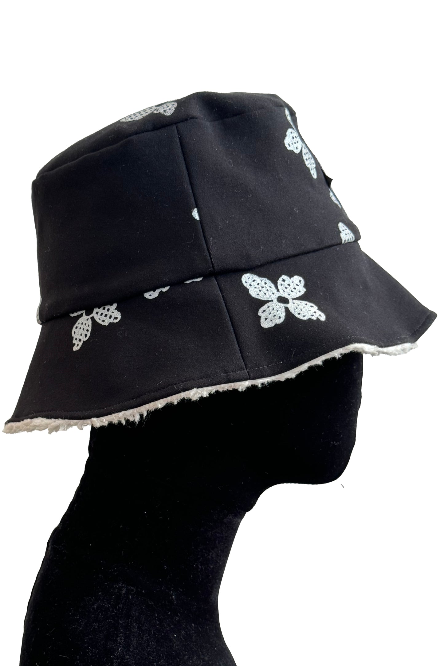 KB x Alquimie Studio Reversible Sherpa Bucket Hat | Organic Cotton Sherpa & Ponte Knit | Quatrefoil Print Lining | Ivory