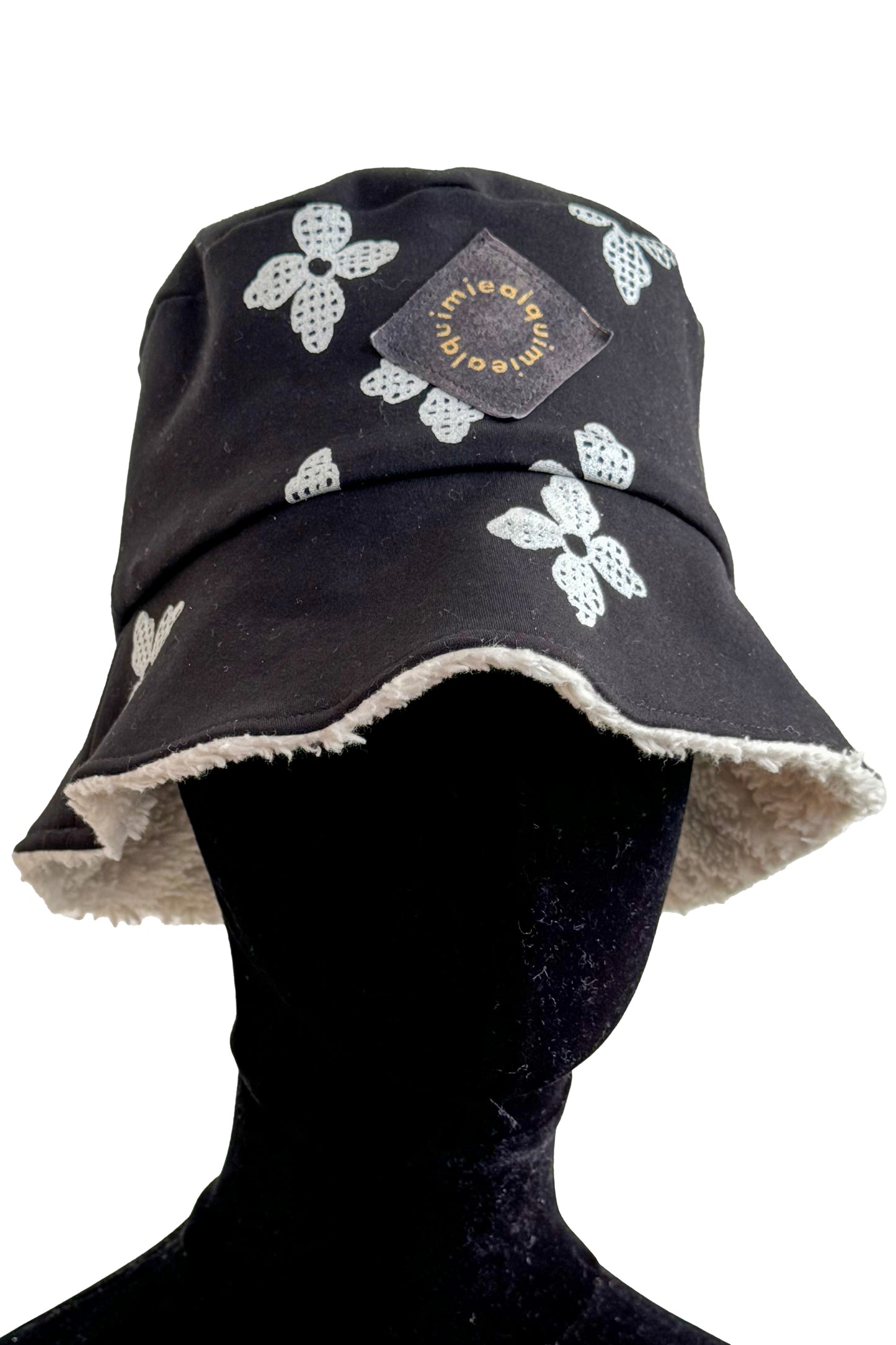 KB x Alquimie Studio Reversible Sherpa Bucket Hat | Organic Cotton Sherpa & Ponte Knit | Quatrefoil Print Lining | Ivory