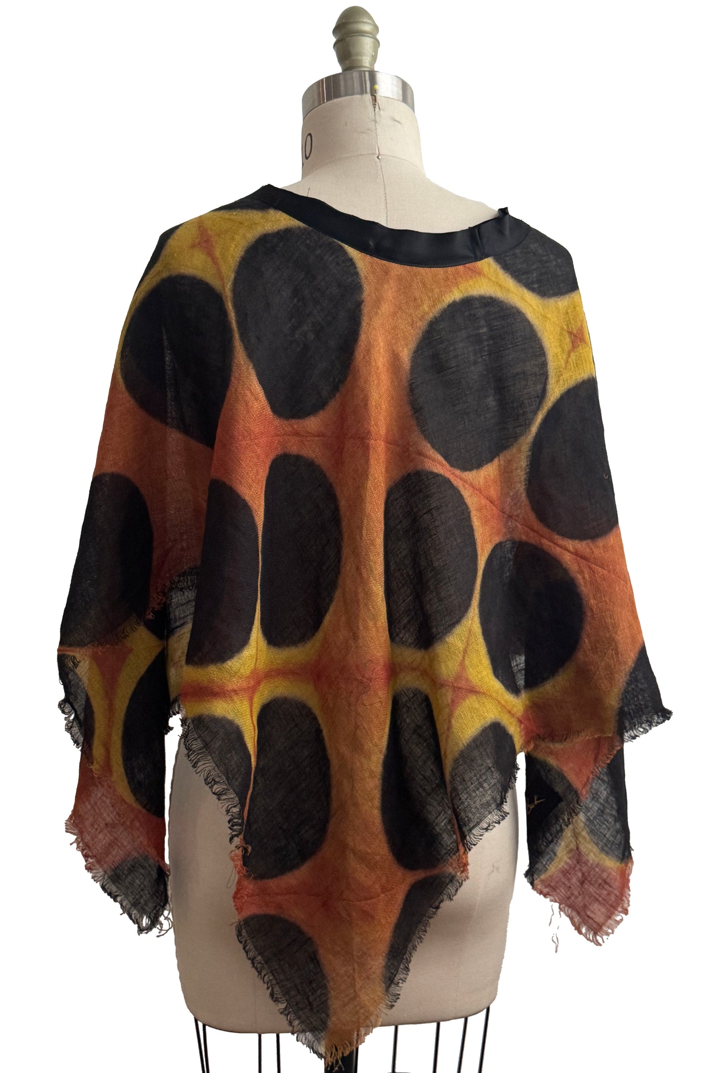 Open Weave Poncho w/ Silk Trim | Open Weave Linen | Itajime Dye | Black , Orange & Yellow