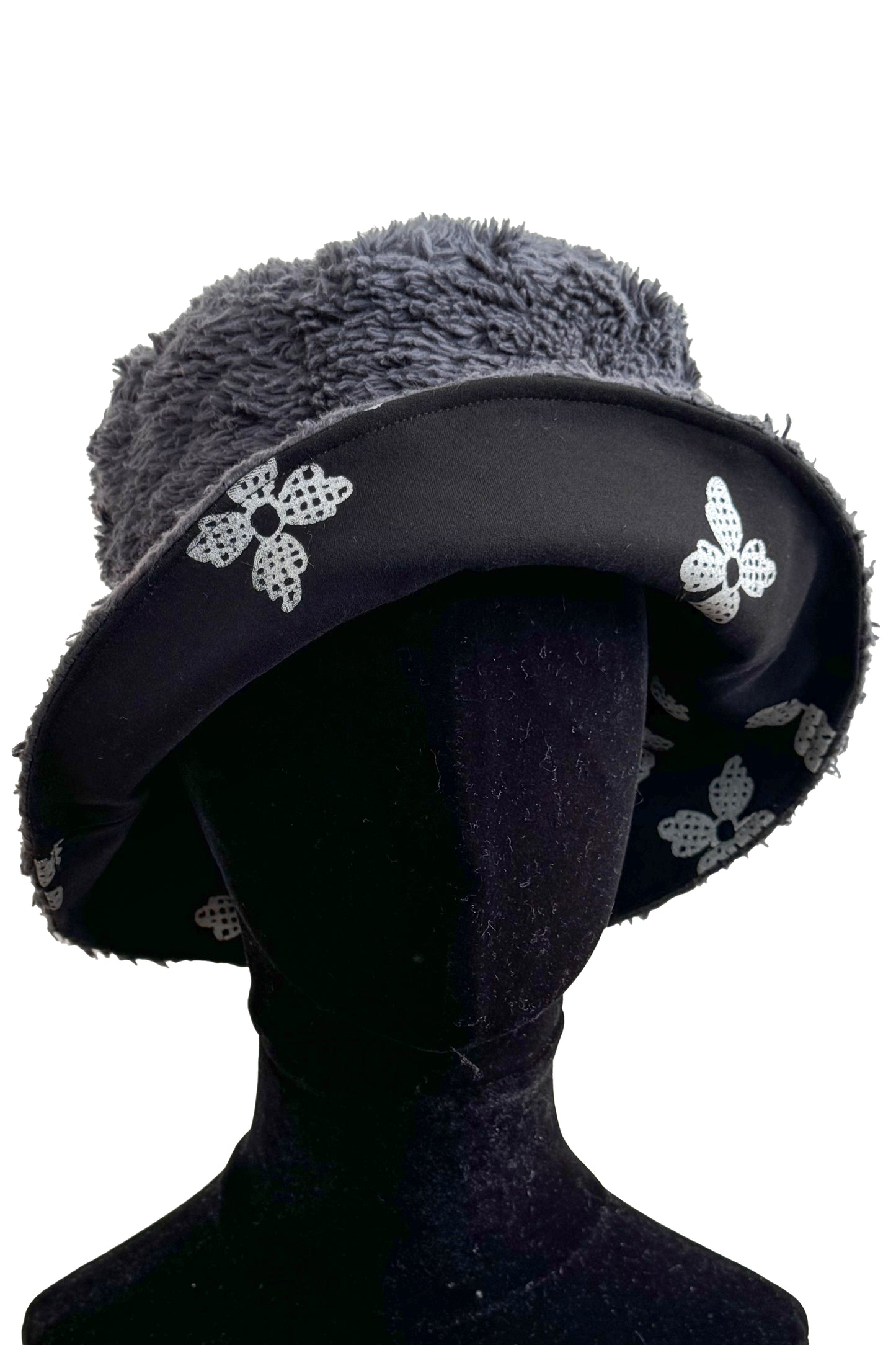 KB x Alquimie Studio Reversible Sherpa Bucket Hat | Organic Cotton Sherpa & Ponte Knit | Quatrefoil Print Lining | Navy