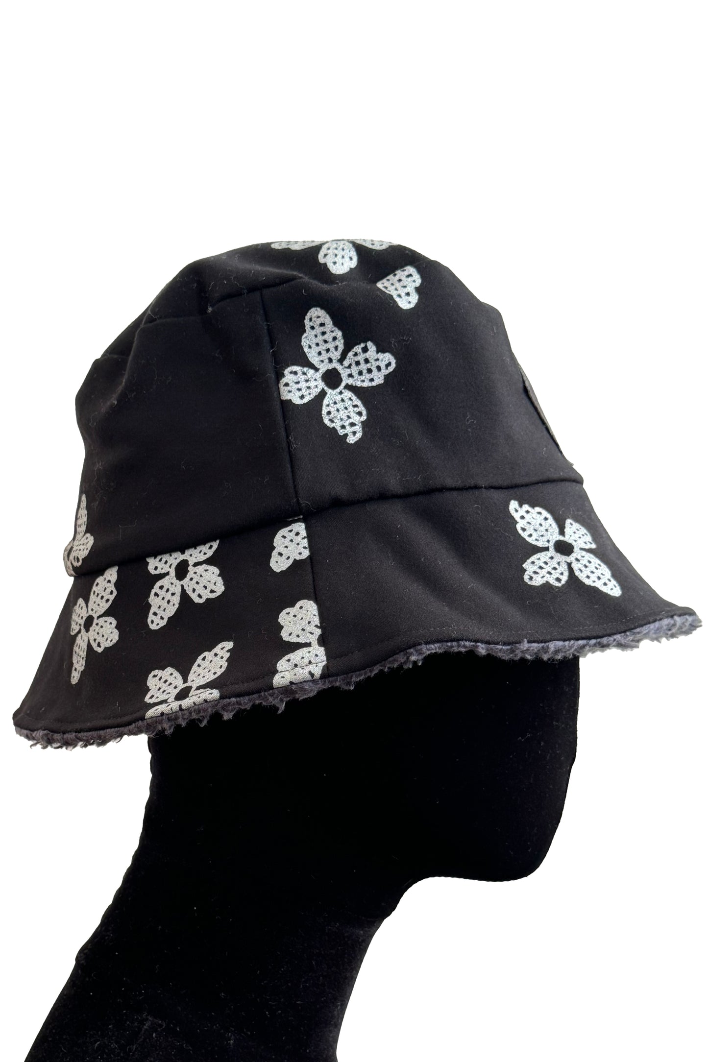 KB x Alquimie Studio Reversible Sherpa Bucket Hat | Organic Cotton Sherpa & Ponte Knit | Quatrefoil Print Lining | Navy