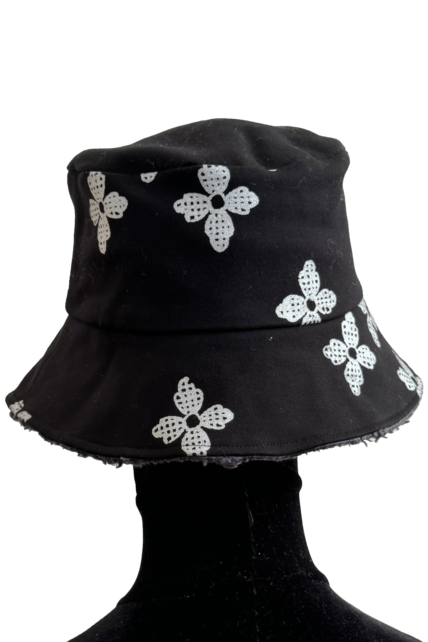 KB x Alquimie Studio Reversible Sherpa Bucket Hat | Organic Cotton Sherpa & Ponte Knit | Quatrefoil Print Lining | Navy