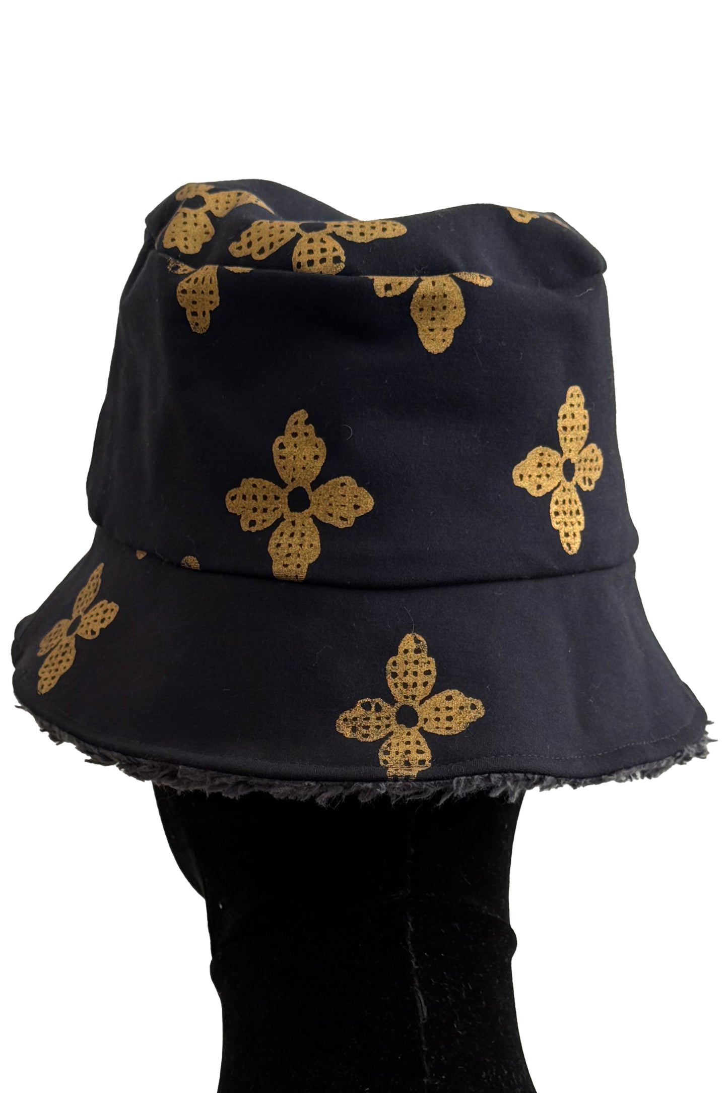KB x Alquimie Studio Reversible Sherpa Bucket Hat | Organic Cotton Sherpa & Ponte Knit | Quatrefoil Print Lining | Navy
