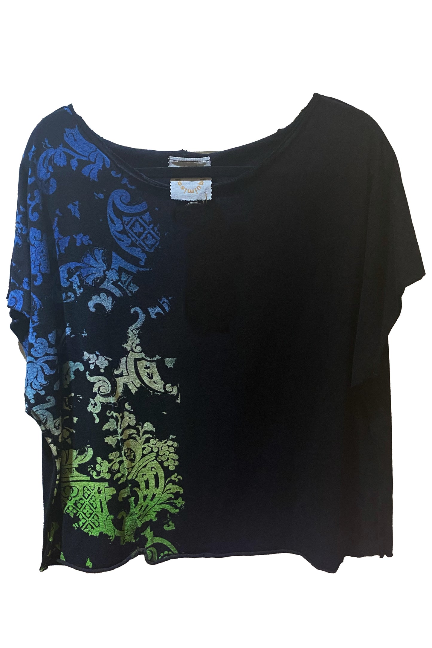 Jen Crop Top w/ Wallpaper Print - Black w/ Blue & Green Ombre - added sleeve