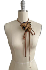 Load image into Gallery viewer, Adriana Silk Bolo Scarf - Taupe, Navy &amp; Gold Flower w/ Cognac Silk Tie
