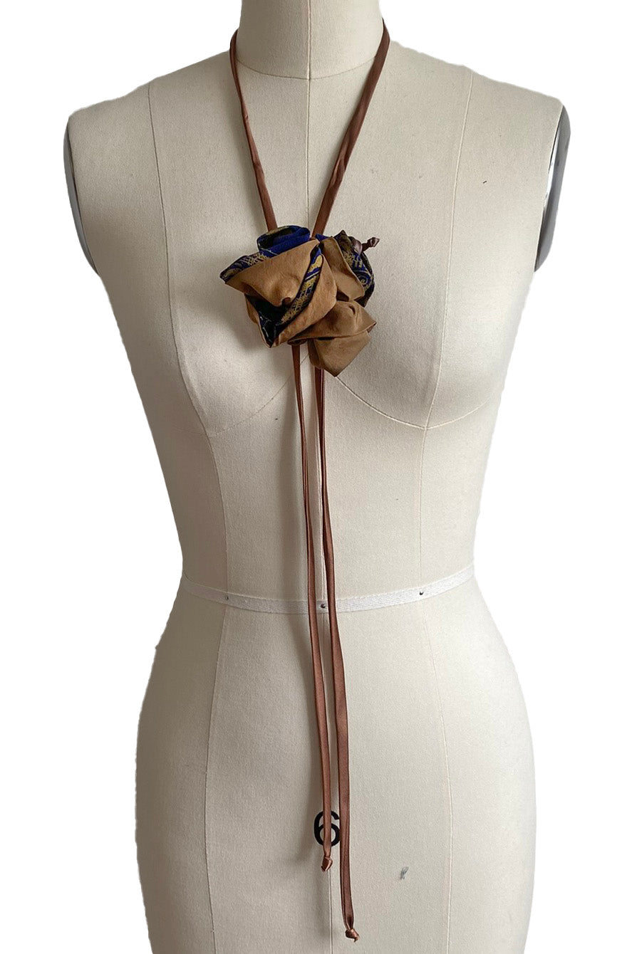 Adriana Silk Bolo Scarf - Taupe, Navy & Gold Flower w/ Cognac Silk Tie