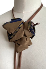 Load image into Gallery viewer, Adriana Silk Bolo Scarf - Taupe, Navy &amp; Gold Flower w/ Cognac Silk Tie

