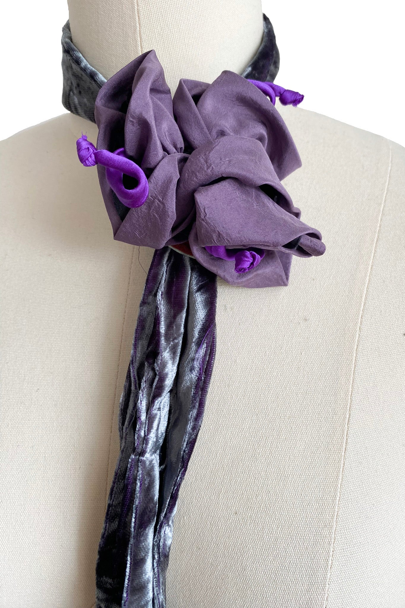 Adriana Silk Bolo Scarf - Purple Flower w/ Purple Velvet Tie