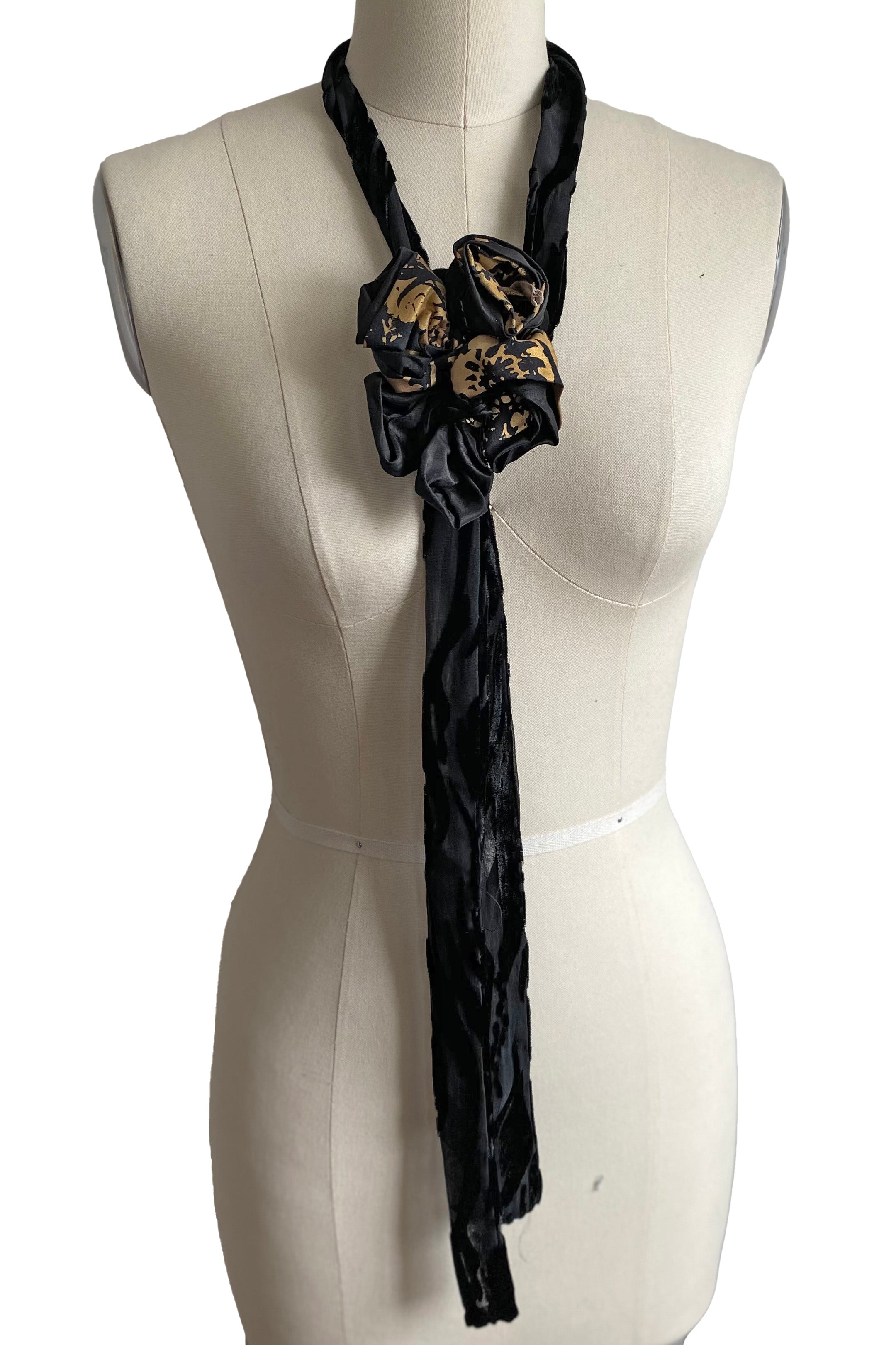 Adriana Silk Bolo Scarf - Black & Gold Printed Flower w/ Black Velvet Tie