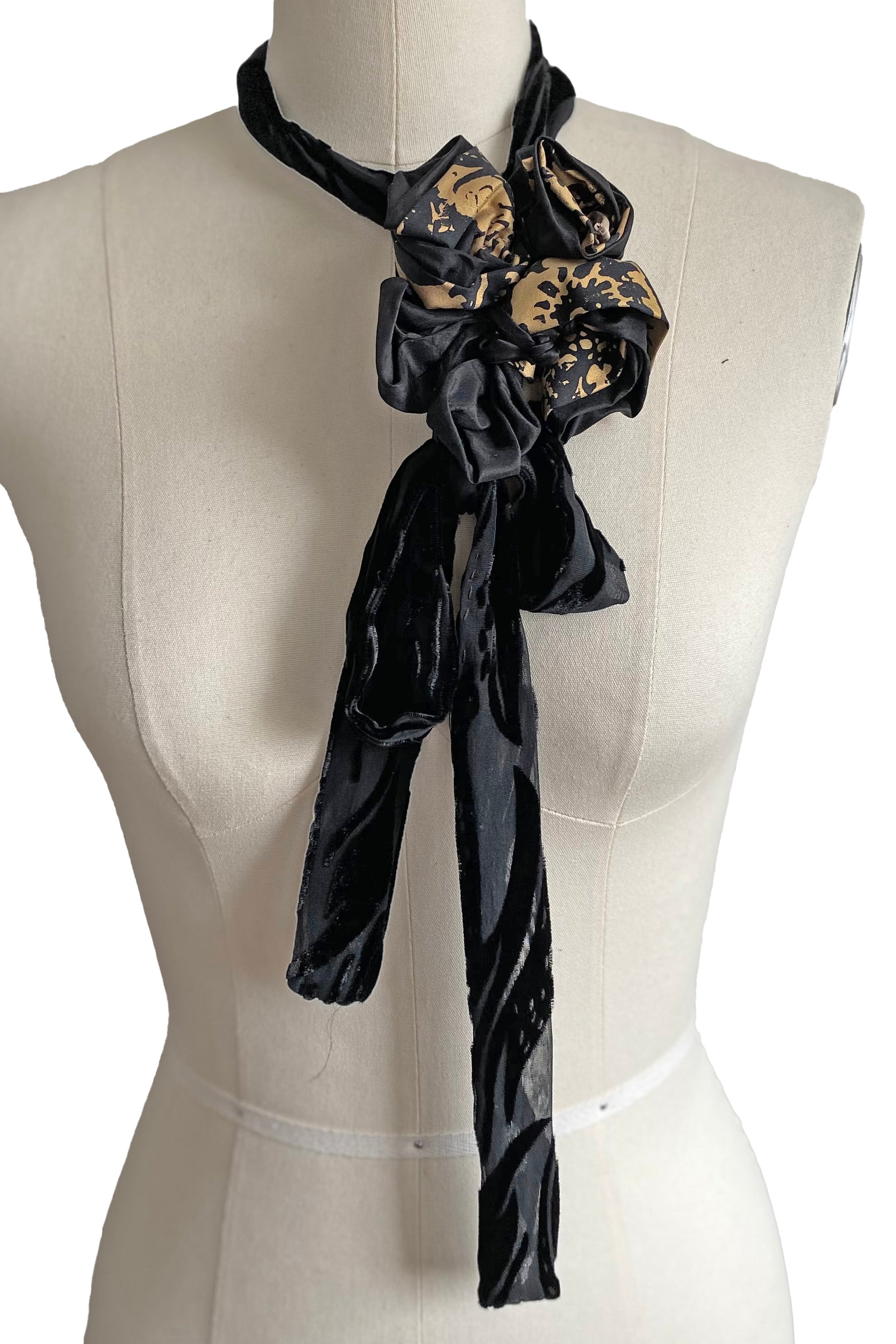 Adriana Silk Bolo Scarf - Black & Gold Printed Flower w/ Black Velvet Tie